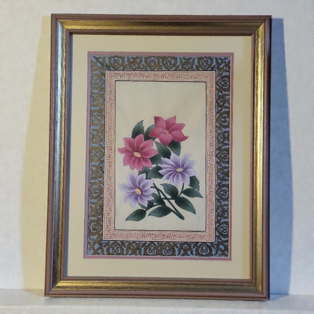 Vtg Indian Miniature Art Rajasthani Mughal Style Floral Motif Framed Zamani